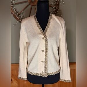 Vintage Chic Cream Cardigan with Gold Jewel Detailing made in USA size 4